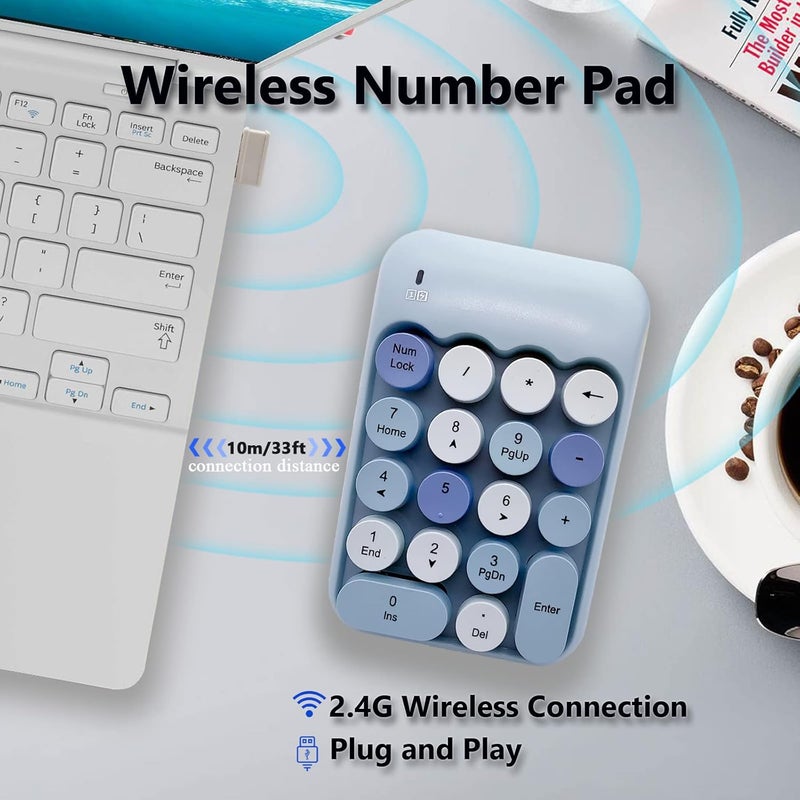 Seaciyan Wireless Number Pad, Ergonomic Cute Colorful Retro Mini Portable Numeric Keypad, 2.4G Cordless External Keyboard for Computer, Laptop (Blue) - Image 2